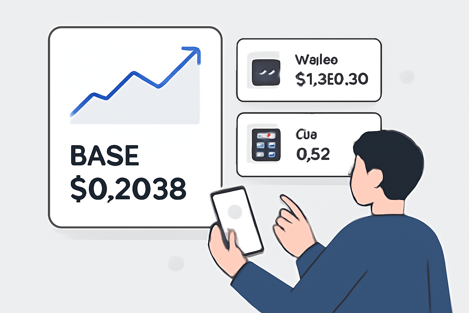 A price chart showing BASE at $0.2038, upward trend, user checking wallet balance and fee calculator, modern crypto dashboard