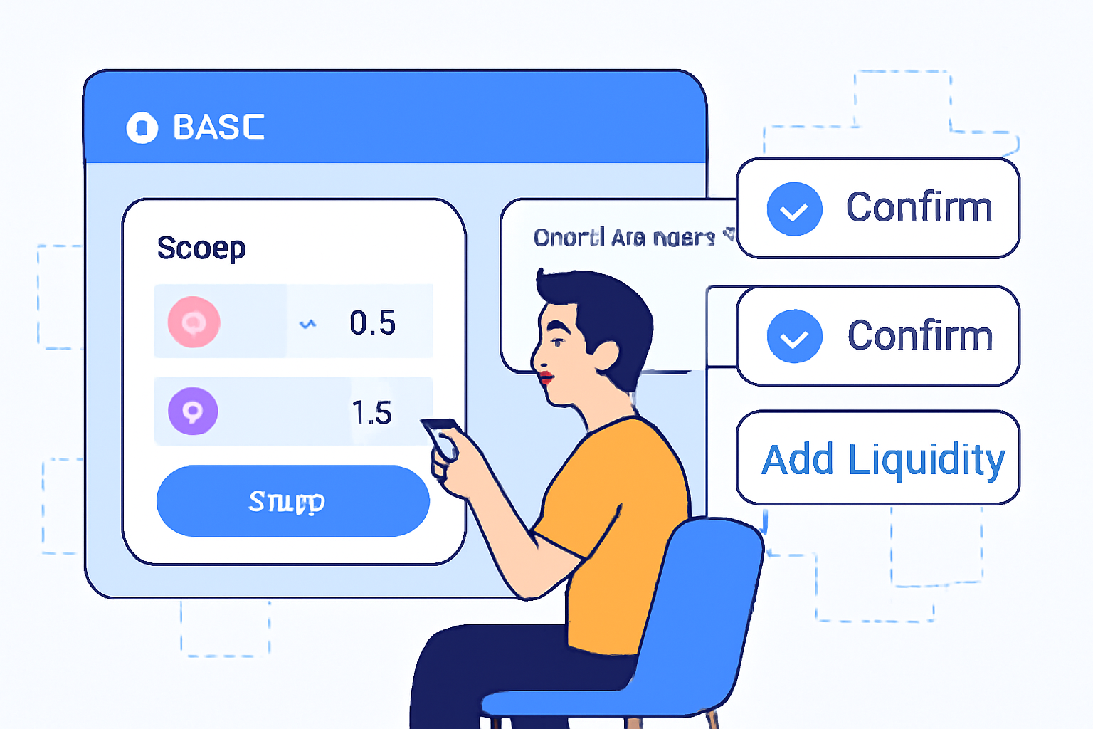 User interacting with decentralized exchange on Base, swapping tokens, adding liquidity, multiple transaction confirmations, lively blockchain UI