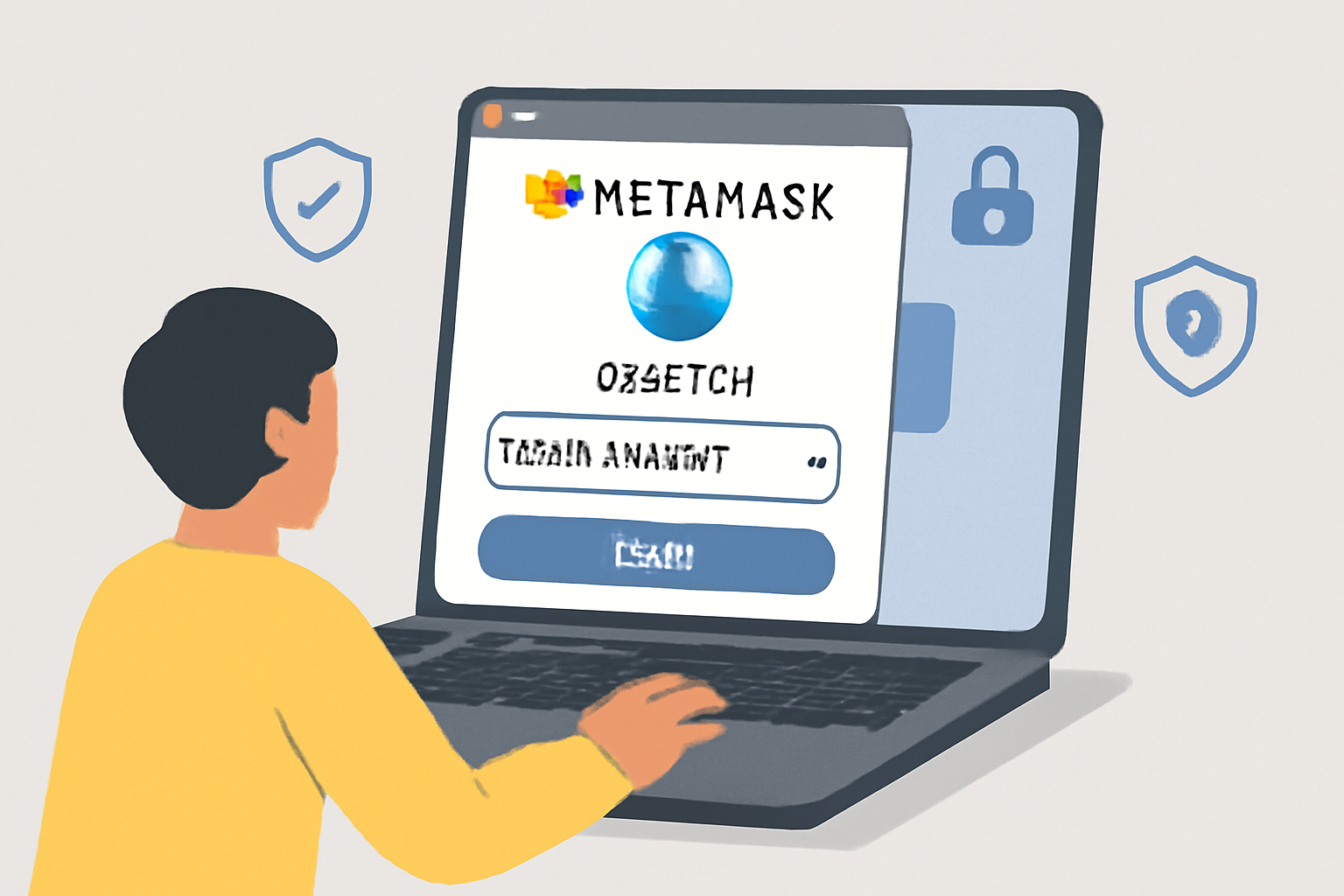 A person setting up MetaMask wallet on a laptop, selecting Base Mainnet network, with ETH balance visible, modern UI, digital security icons