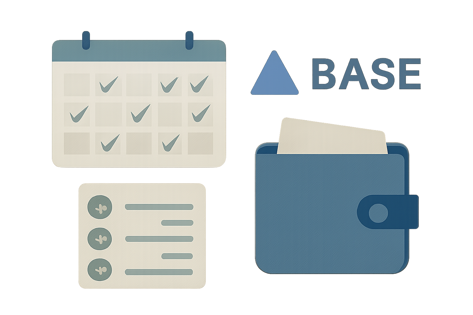 A digital calendar with checkmarks on multiple dates, wallet showing transaction history, Base logo, organized and systematic vibe
