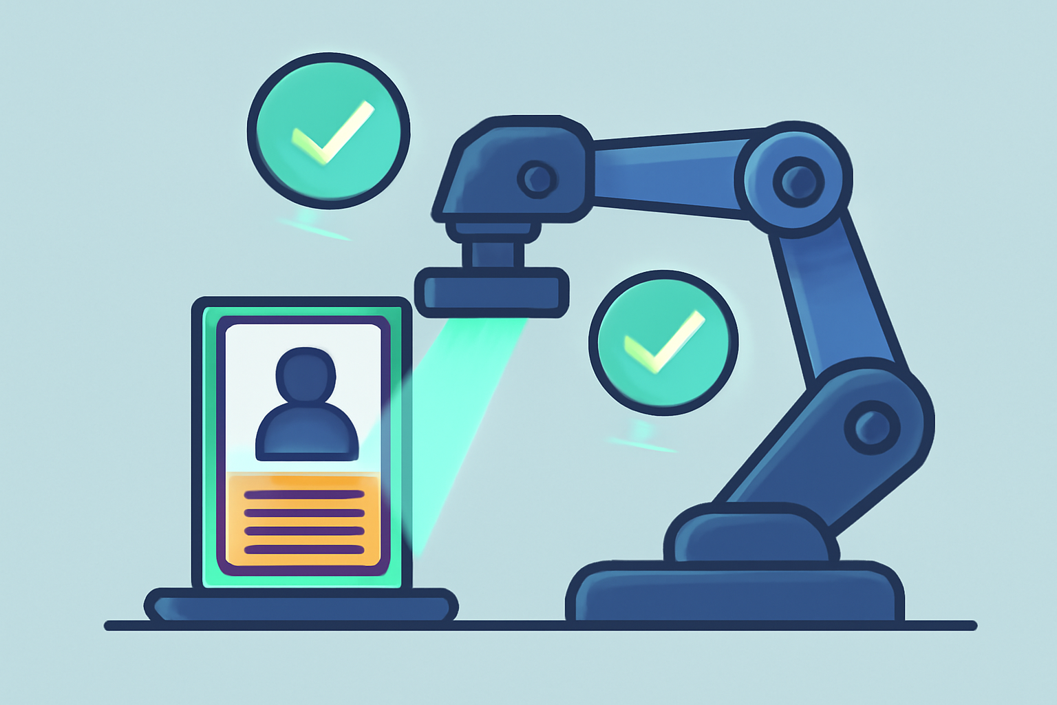 A robotic arm scanning and verifying a physical trading card, with digital checkmarks and holographic effects, modern style
