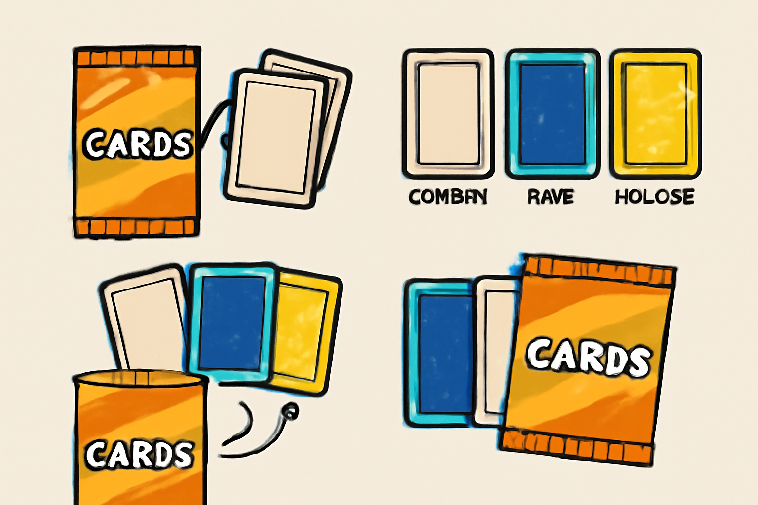 digital representation of trading card packs being assembled, with cards of varying rarity and glowing effects