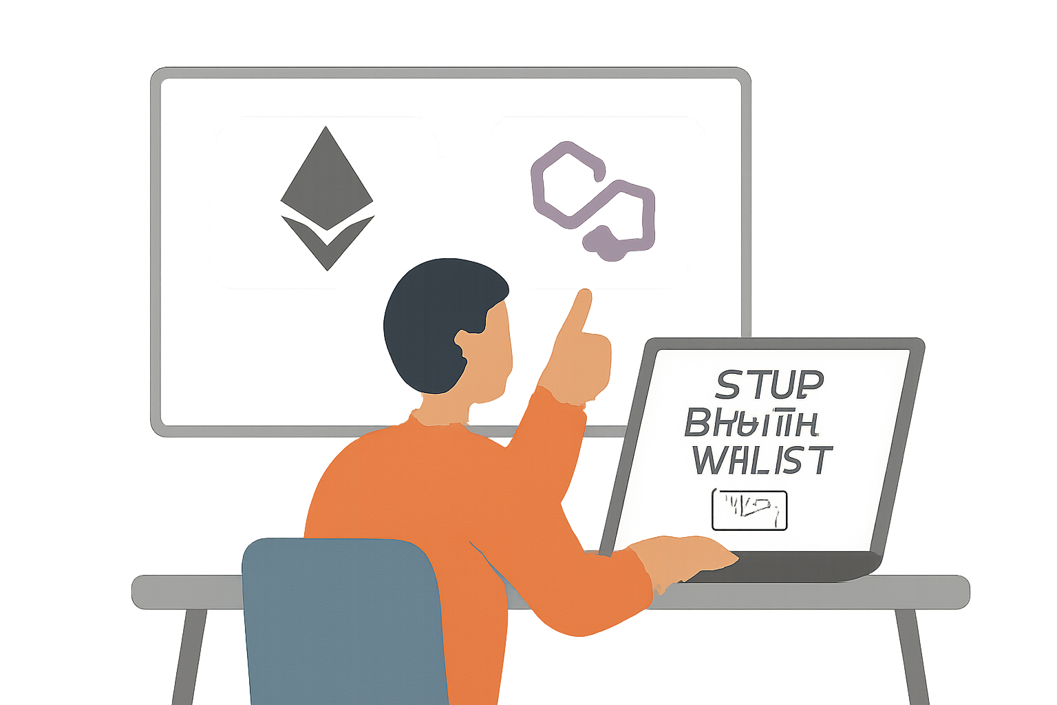 person choosing between Ethereum and Polygon logos on a screen, setting up a digital wallet on a laptop