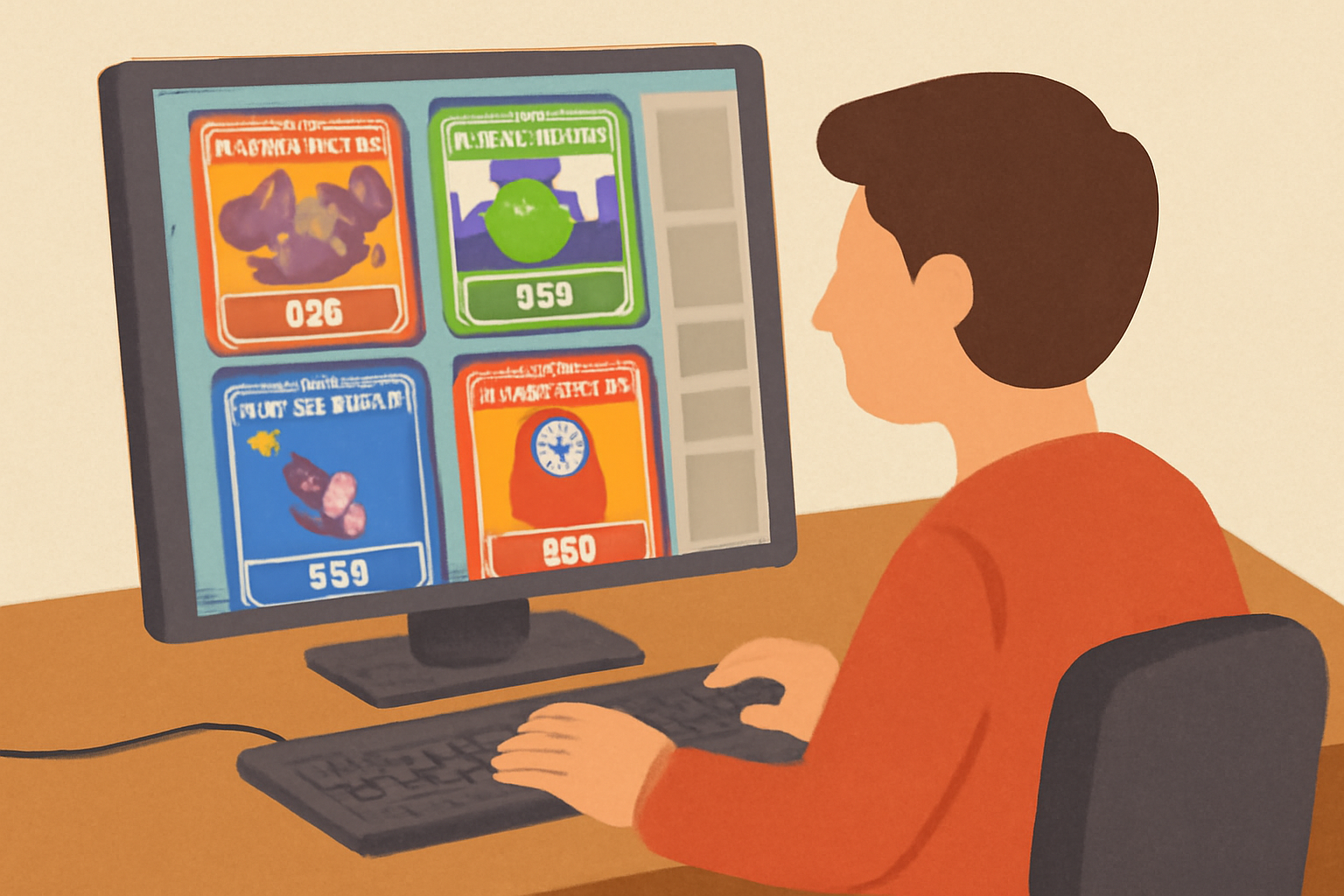 digital artist designing unique trading cards on a computer, colorful illustrations and card layouts visible on screen