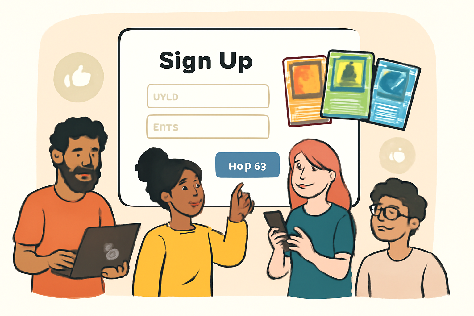 A diverse group of people easily signing up on a website with trading cards and a welcoming interface, digital art style