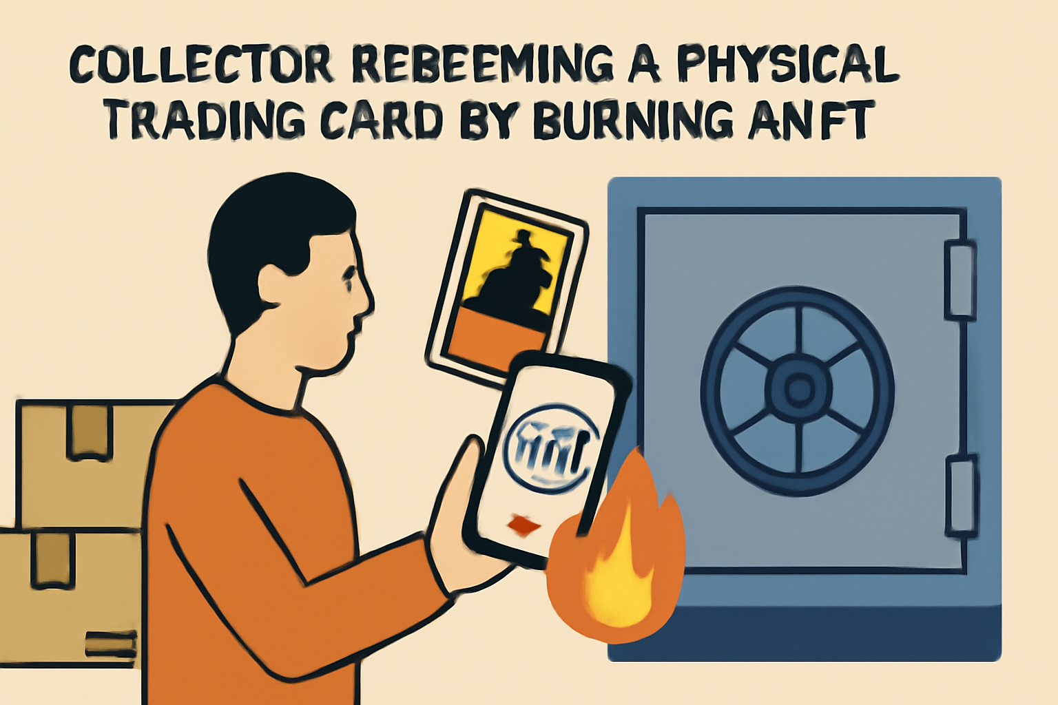 collector redeeming a physical trading card by burning an NFT, with shipping boxes and secure vault imagery