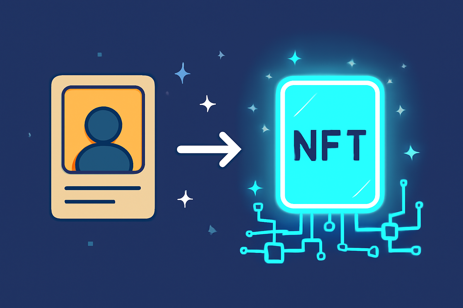 A trading card transforming into a glowing NFT on a blockchain network, with digital sparkles, futuristic vibe