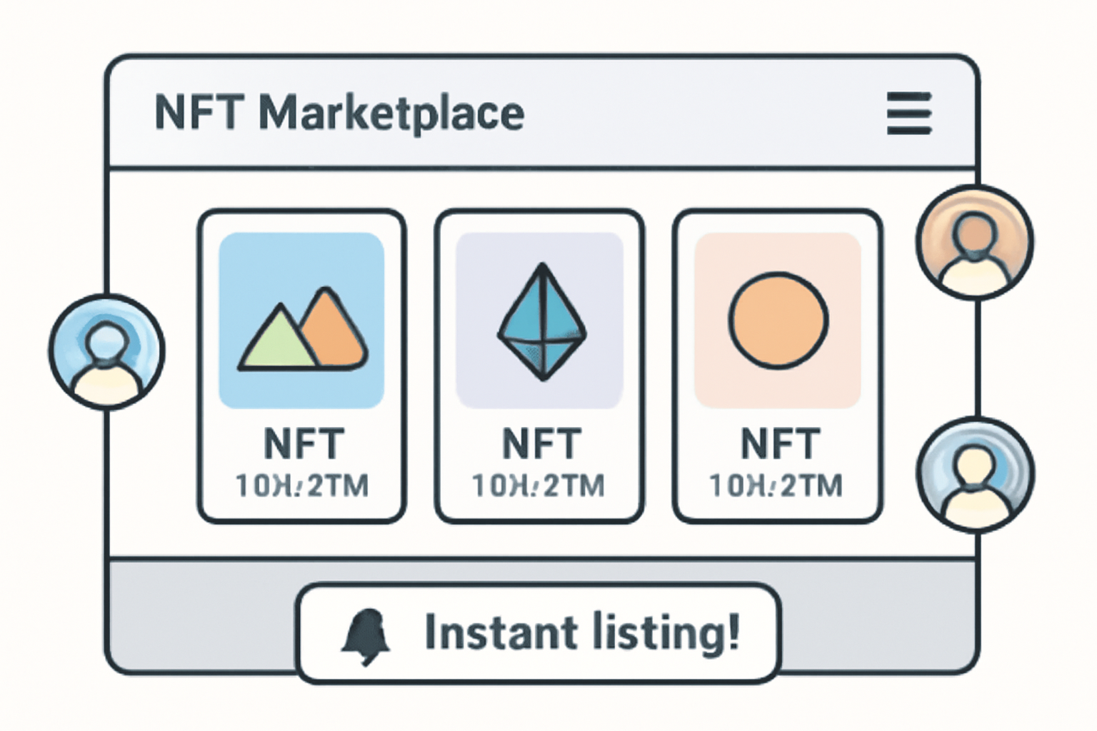 A digital marketplace screen displaying NFT trading cards, with instant listing notifications and global user icons