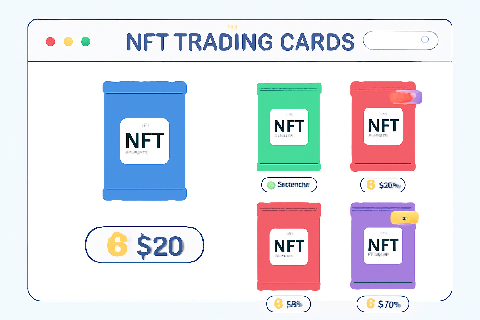 NFT trading card packs displayed on a digital marketplace interface, with price tags and rarity indicators