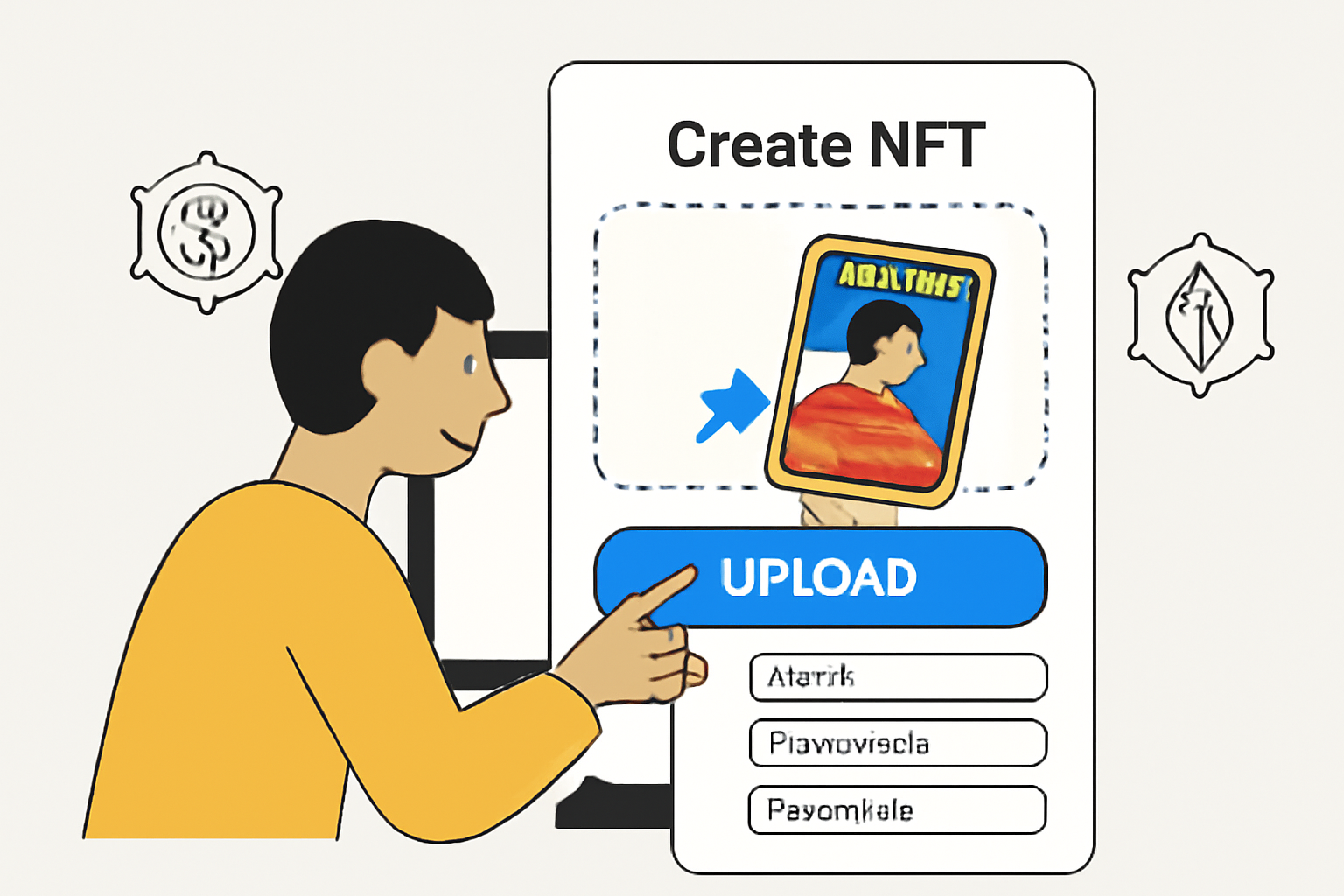 user uploading digital trading card files to an NFT platform interface, with blockchain icons and metadata fields visible