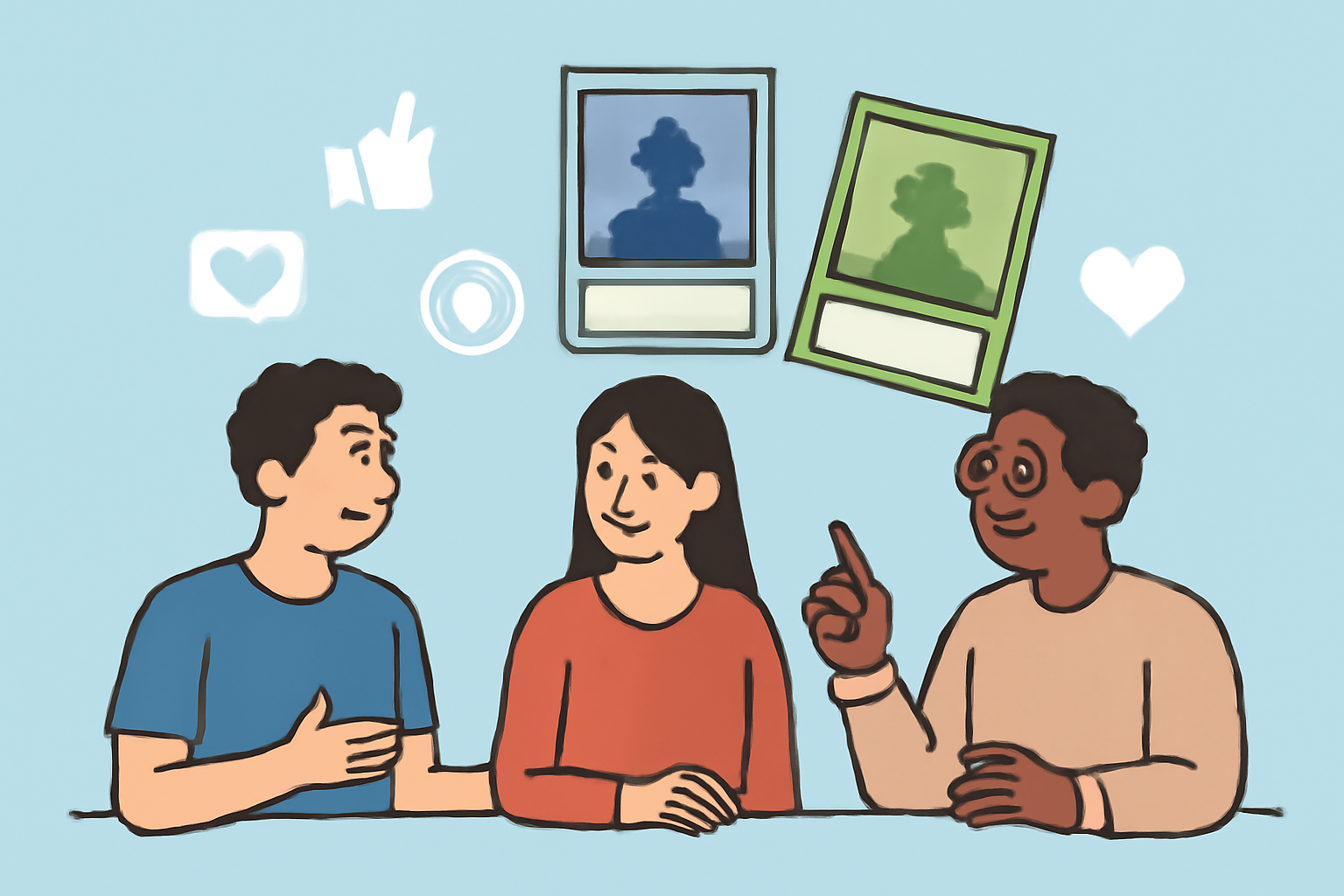 group of collectors discussing trading cards online, social media icons and digital trading cards in the background