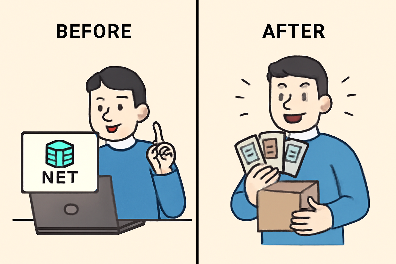 A collector happily receiving a package with trading cards after redeeming an NFT on a computer, clear before-and-after visual