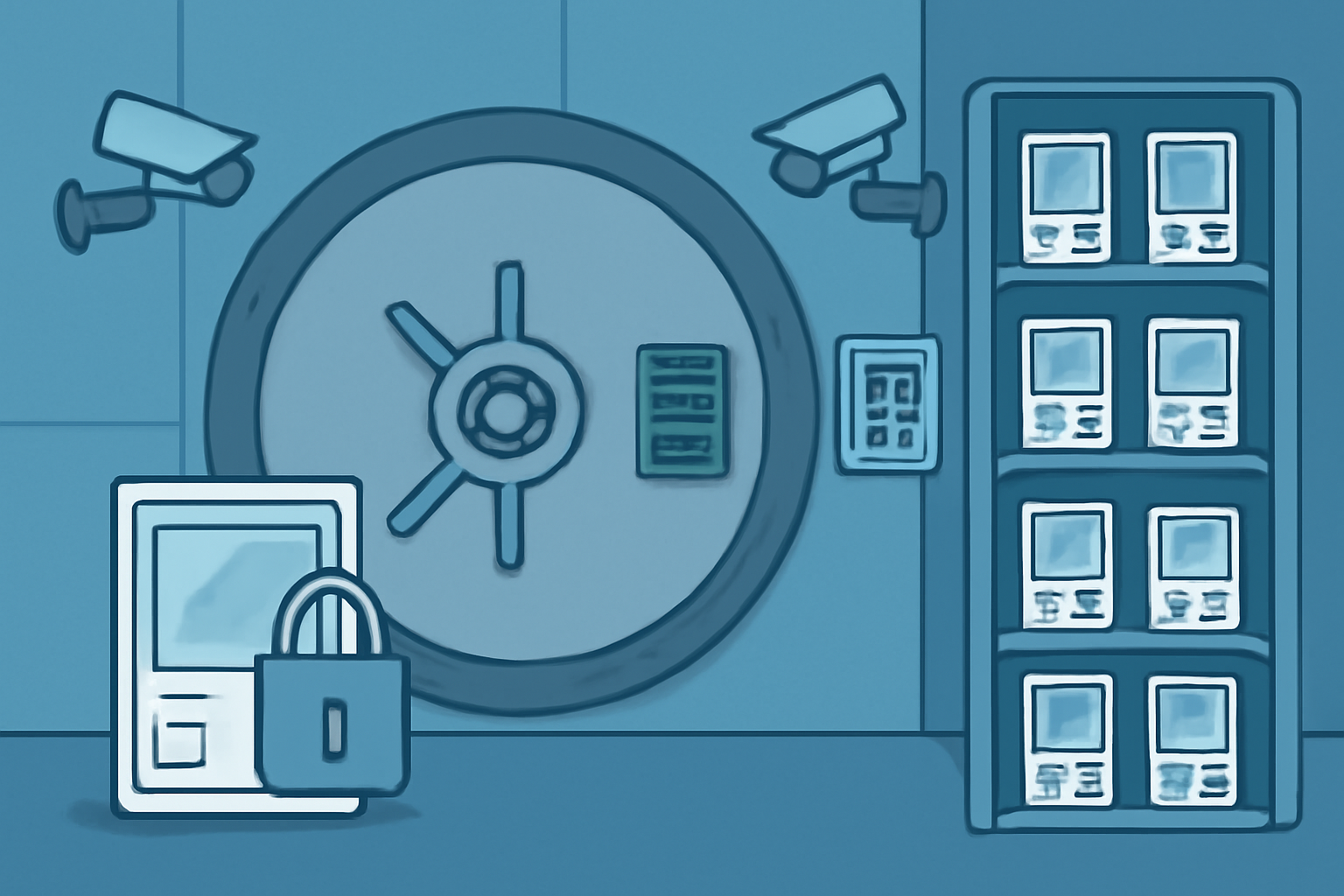 A high-tech vault filled with trading cards, security cameras, and digital locks, emphasizing safety, digital illustration