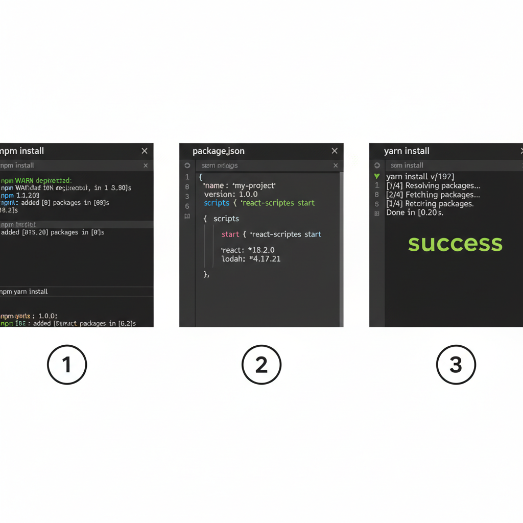 npm yarn install terminal output, package.json editor
