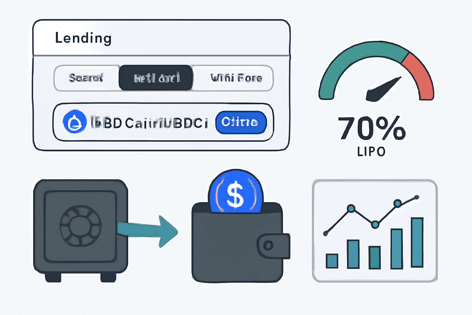 Borrowing USDC button clicked on lending dashboard, USDC flowing from vault to wallet, leverage meter showing 70% LTV, dynamic charts