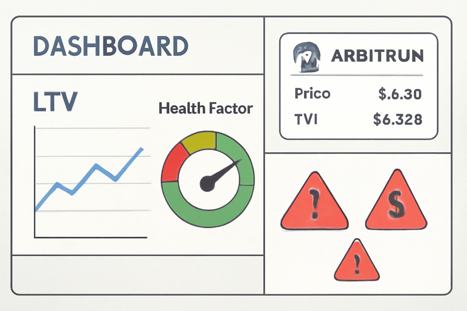 Dashboard monitoring LTV chart, health factor gauge at safe green, warning icons for risks, Arbitrum network stats overlay