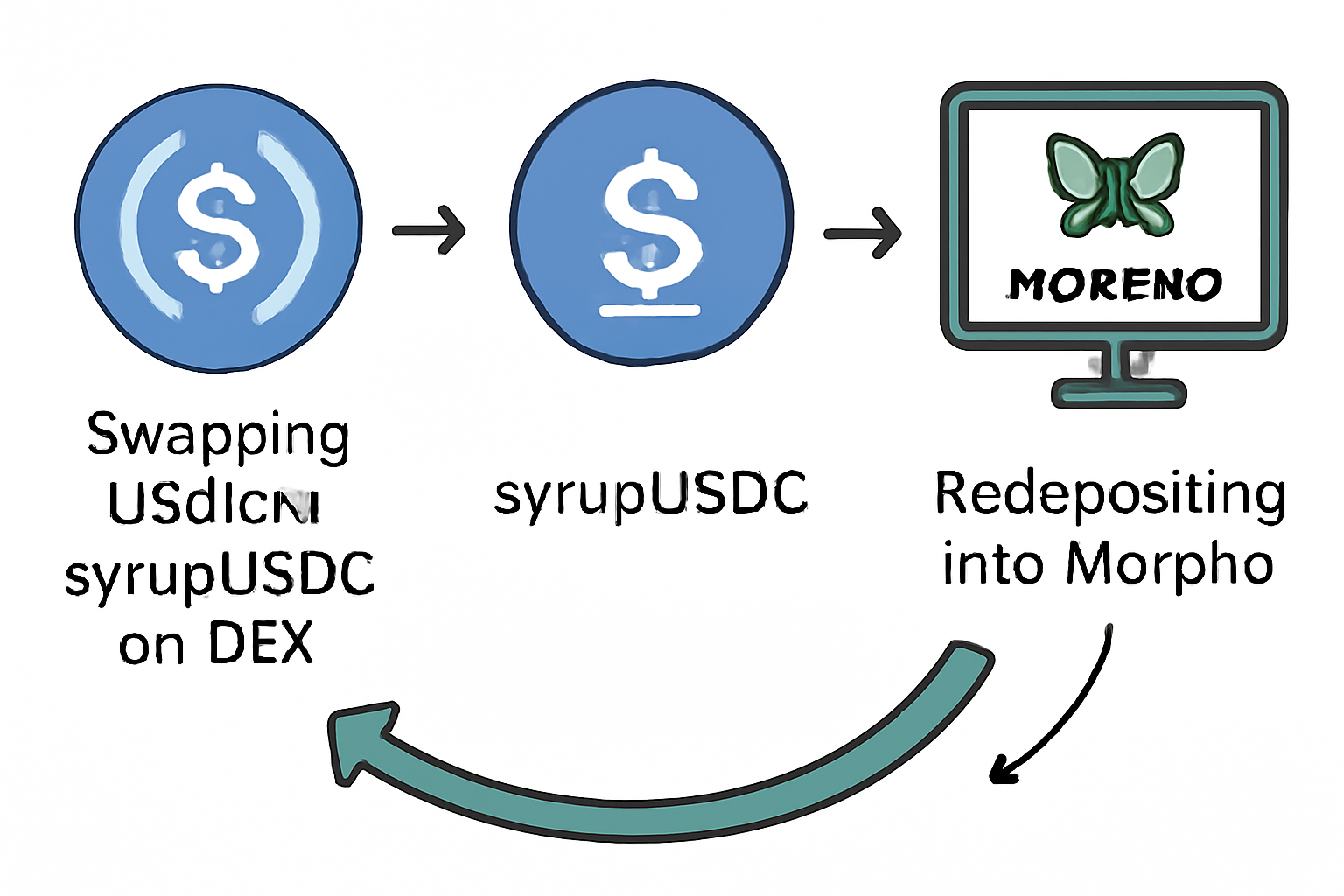 Swapping USDC to syrupUSDC on DEX, tokens converting with arrows, then redepositing into Morpho, looping cycle visualization
