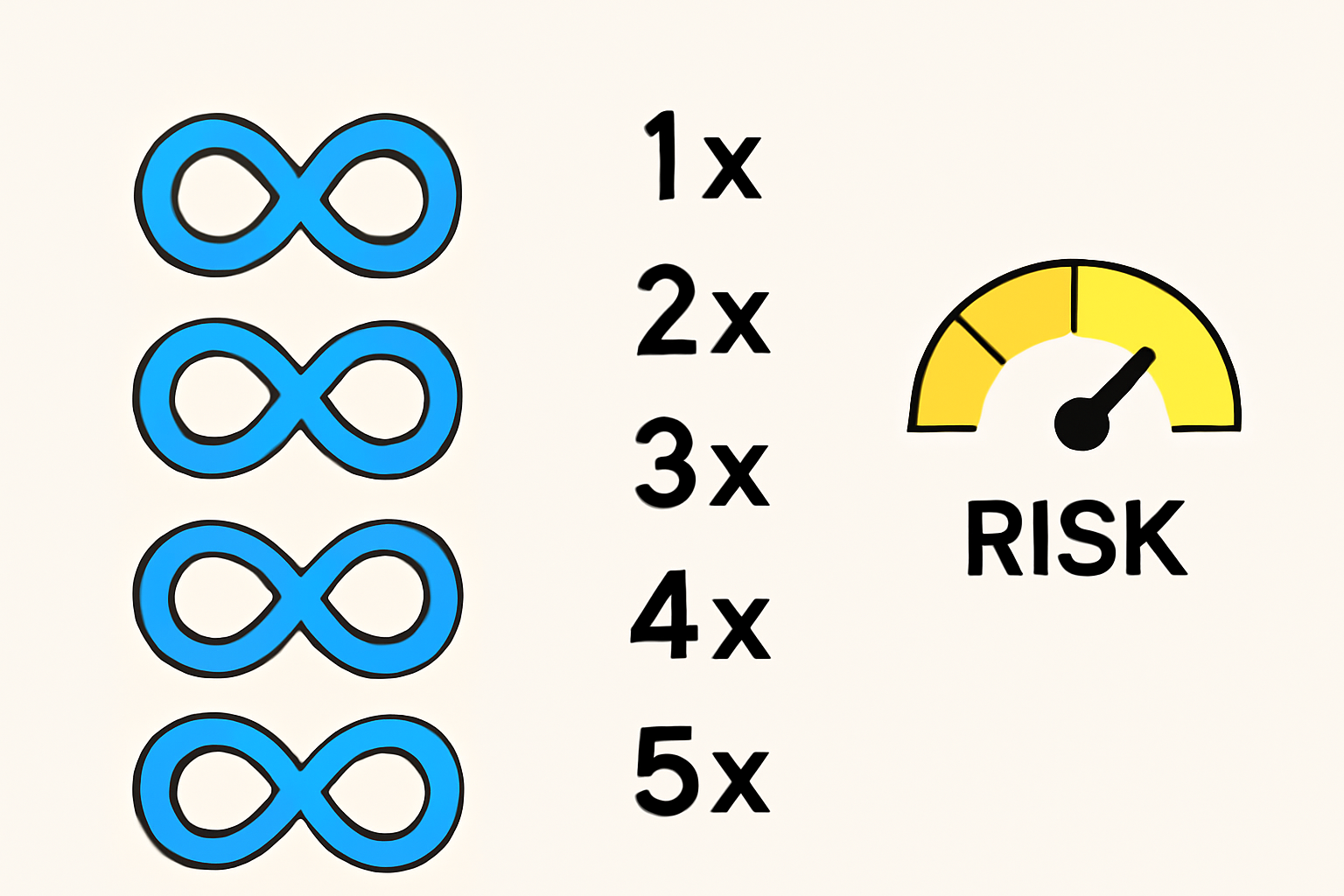 Multiple looping cycles illustrated as infinite loop arrows, leverage multiplier growing from 1x to 5x, risk gauge in yellow zone