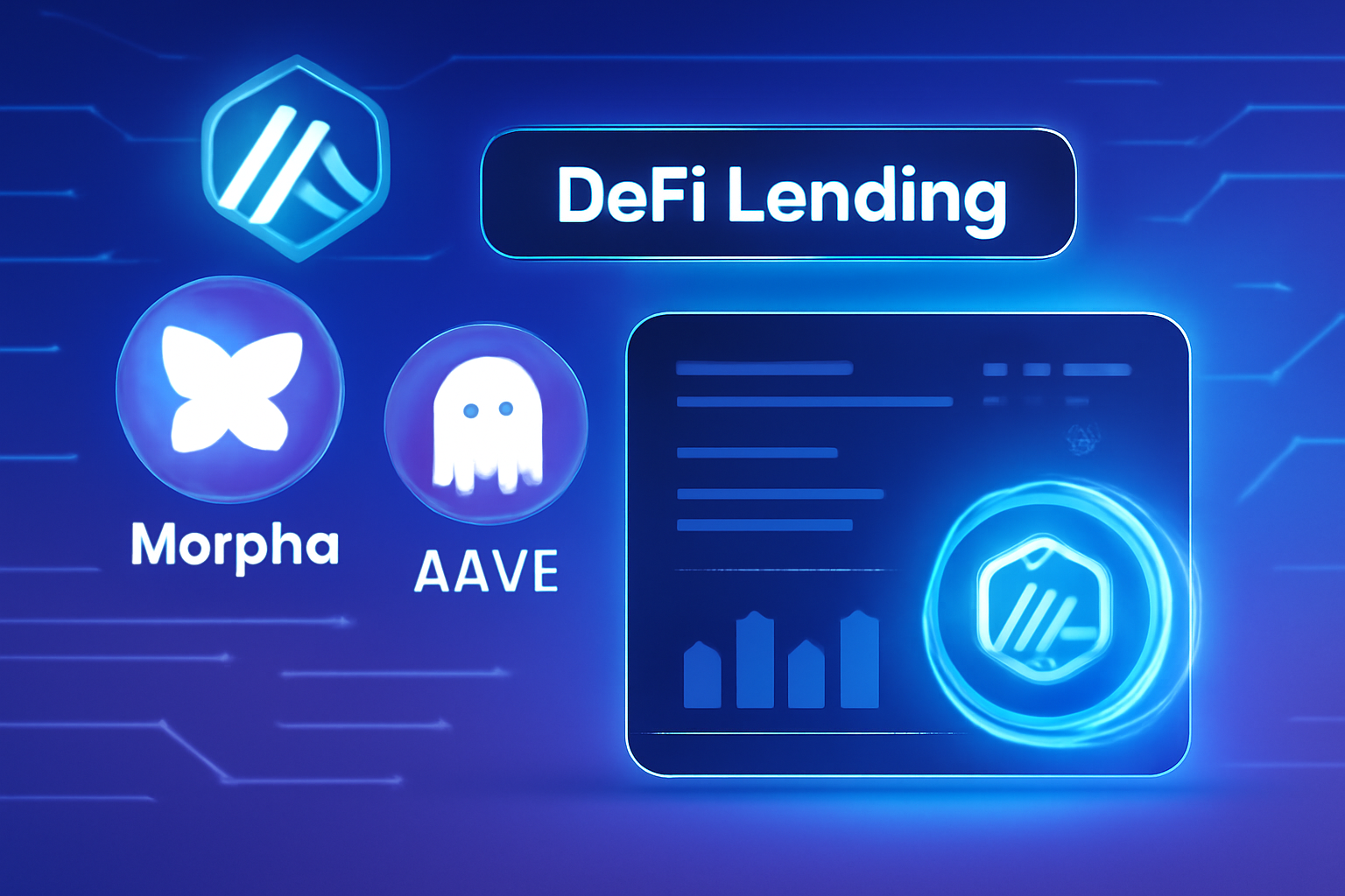 DeFi lending platforms Morpho Fluid Aave icons on Arbitrum chain background, glowing ARB rewards, futuristic UI dashboard, vibrant blues and purples