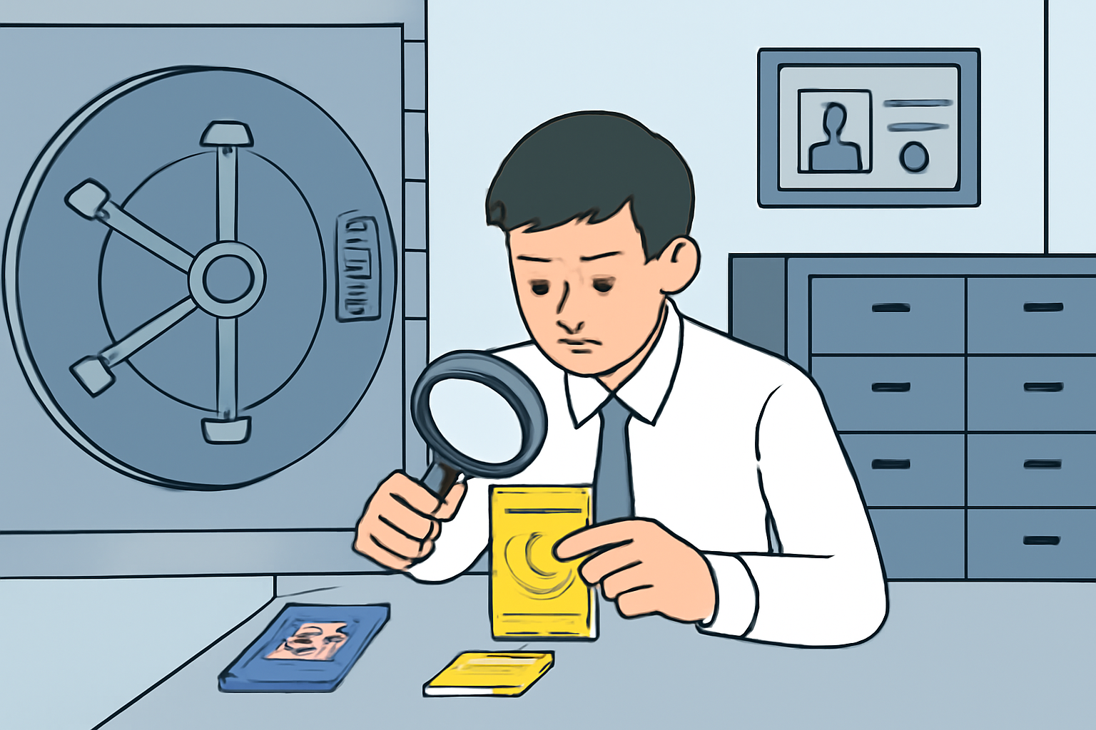 A professional vault with security features, and staff examining Pokémon cards under magnification for authentication.