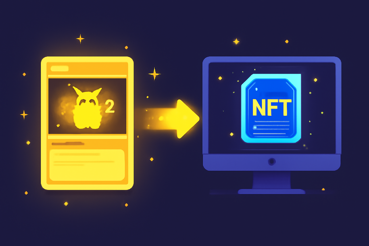 A digital rendering of a Pokémon card transforming into an NFT on a blockchain interface, with glowing effects.