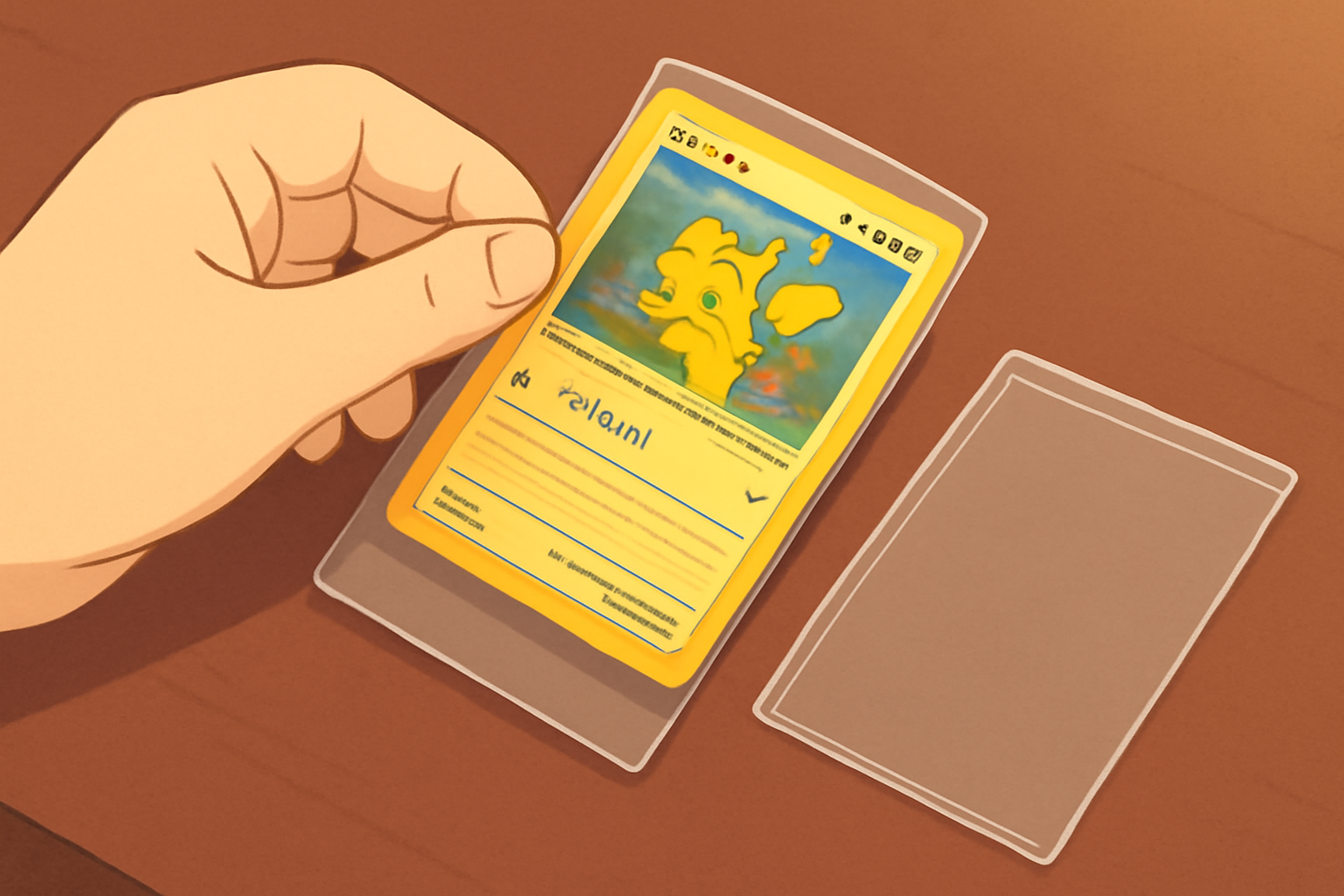 A close-up of a hand placing a rare Pokémon card into a protective sleeve, with gentle lighting and focus on card condition.