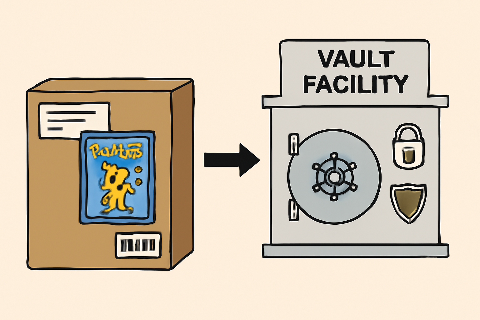 A package containing a Pokémon card being sent to a secure vault facility, with shipping labels and security icons.