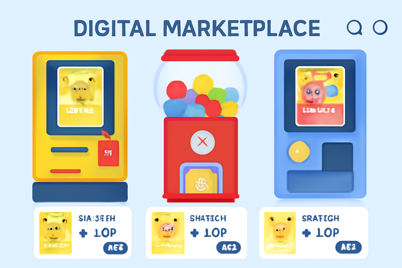 A digital marketplace interface showing Pokémon card NFTs being traded, with animated vending machines and gacha elements.