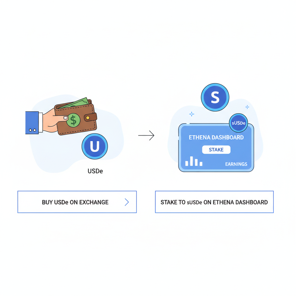 clean illustration of wallet buying USDe on exchange and staking to sUSDe on Ethena dashboard