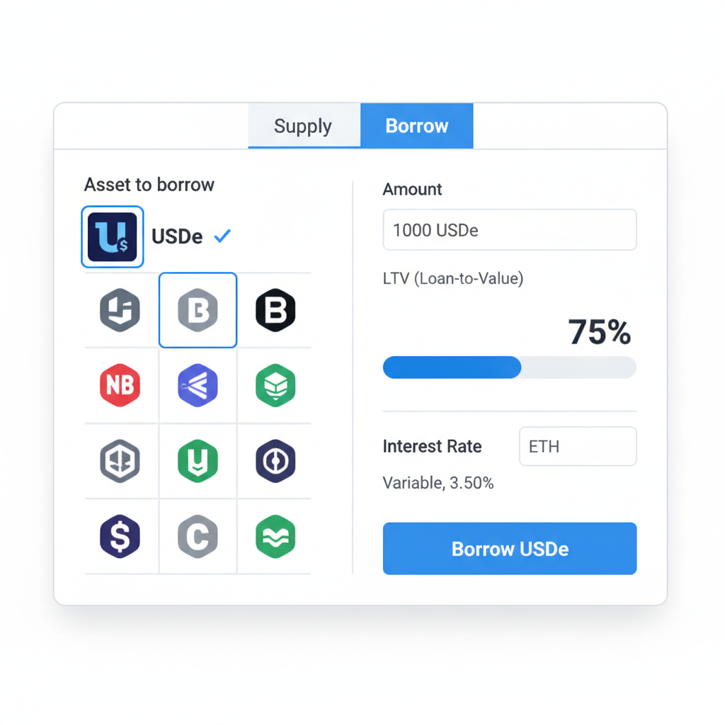 Aave borrow tab with USDe selected at 75% LTV slider