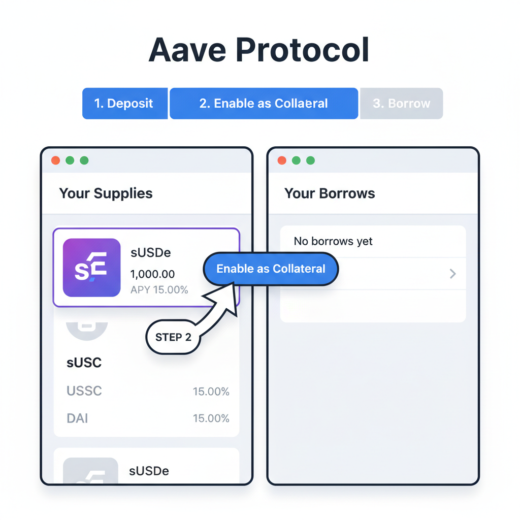 Aave interface showing sUSDe deposit and collateral enable button
