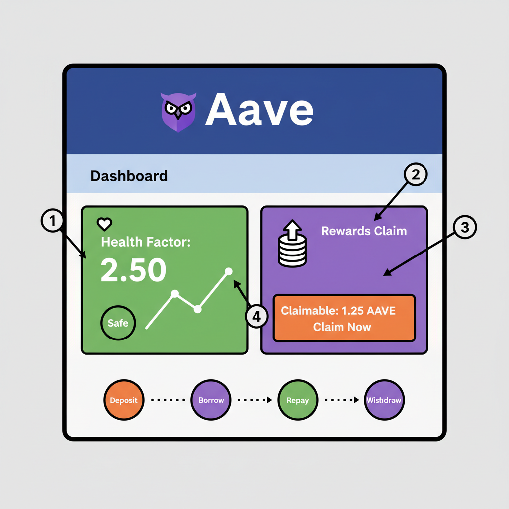 Aave dashboard monitoring health factor and rewards claim