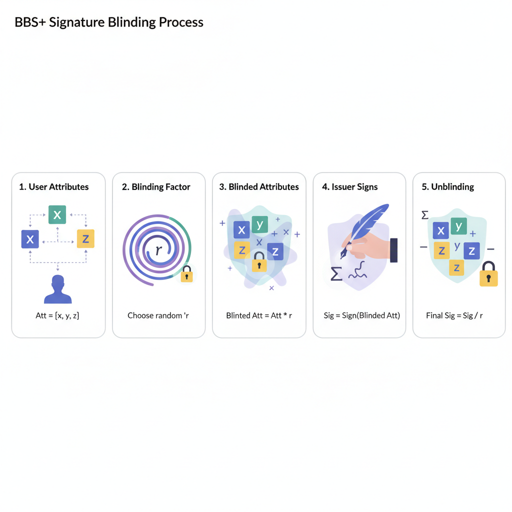 abstract cryptographic blinding process with BBS+ signatures on attributes, math symbols, secure lock visuals