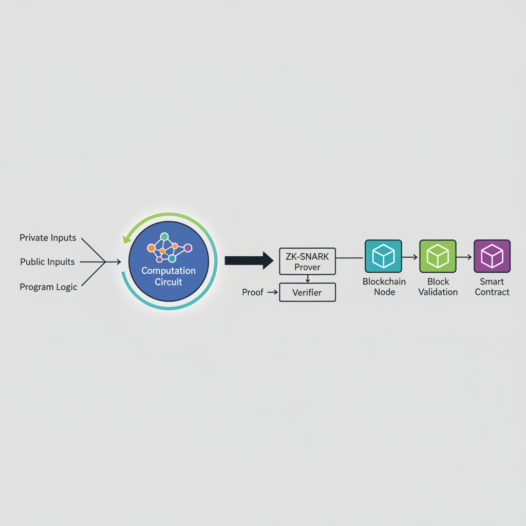 computing zk-SNARK proof circuit diagram, nodes transforming inputs to proof, blockchain nodes