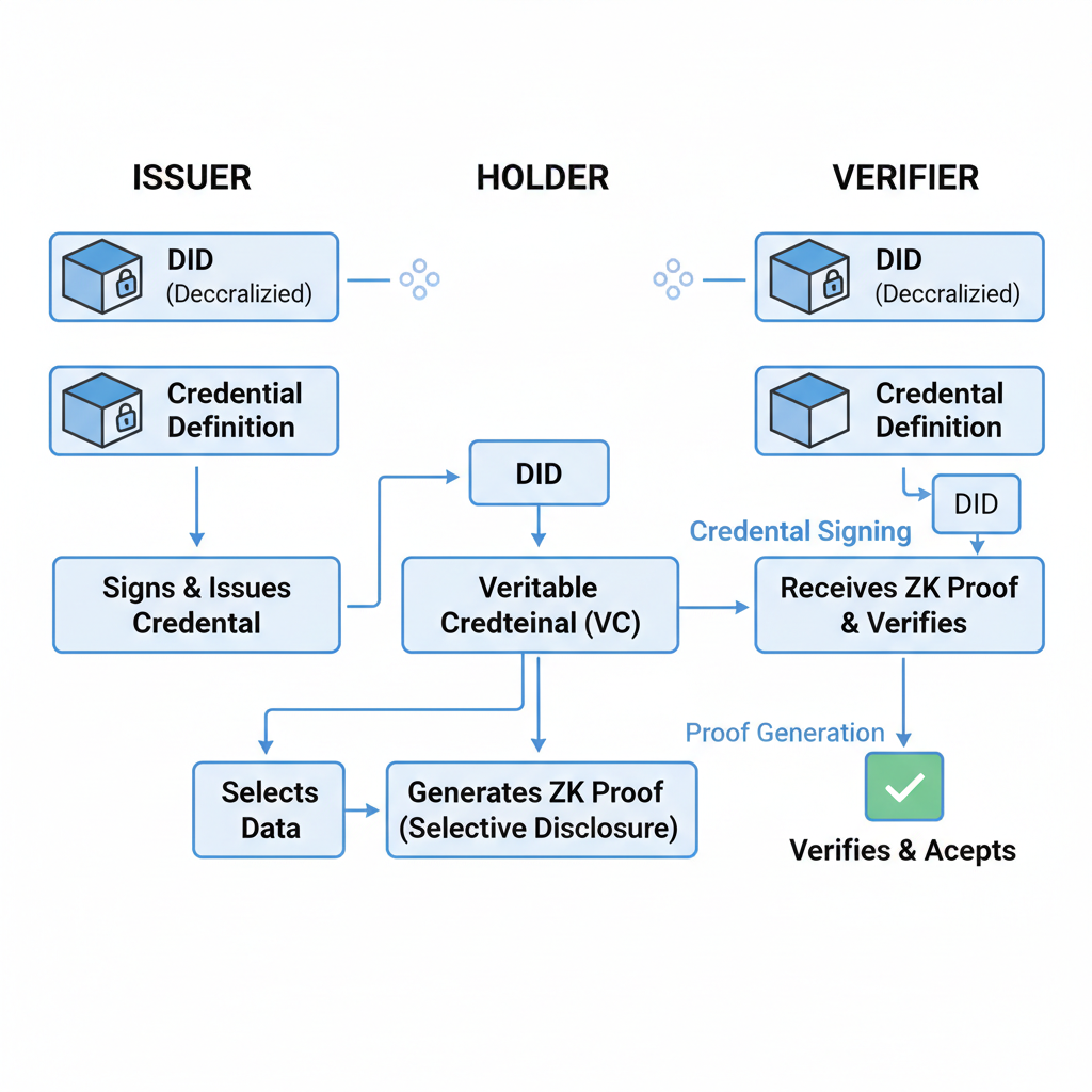 clean diagram of issuer-holder-verifier flow in ZK selective disclosure for verifiable credentials, arrows showing credential signing, proof generation, verification, minimalist blockchain style
