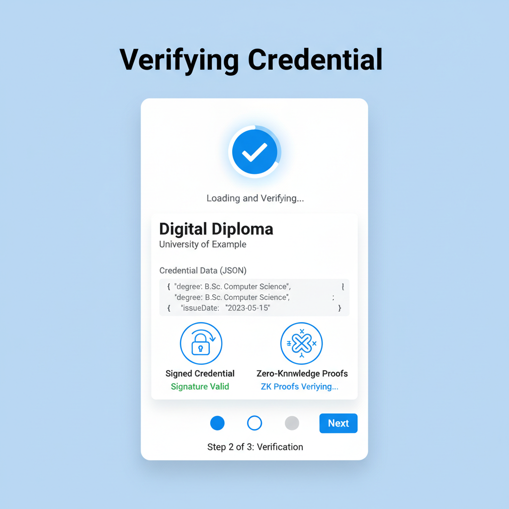 wallet interface loading signed verifiable credential JSON, ZK proof icons, clean UI screenshot style