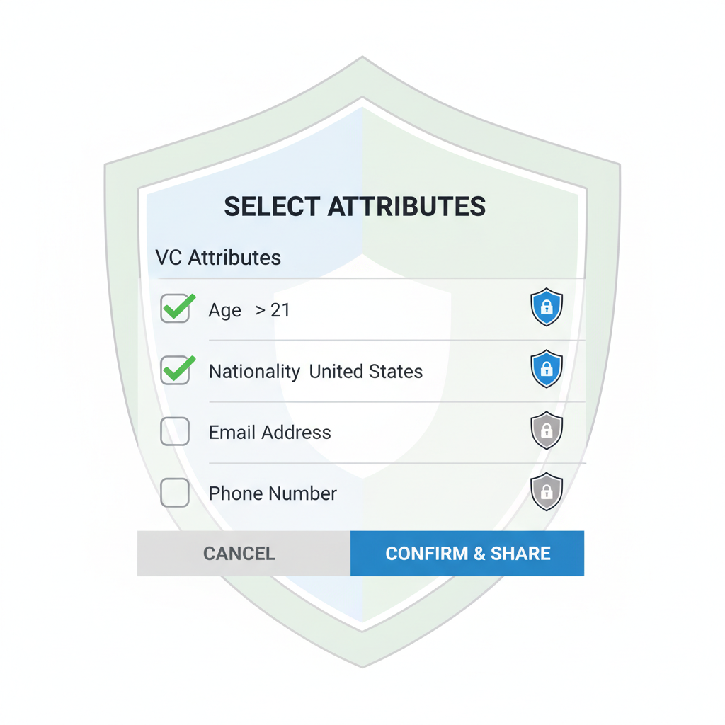 UI selecting attributes like age >21 from VC list, checkboxes, privacy shield icons” /></div>
<div class=