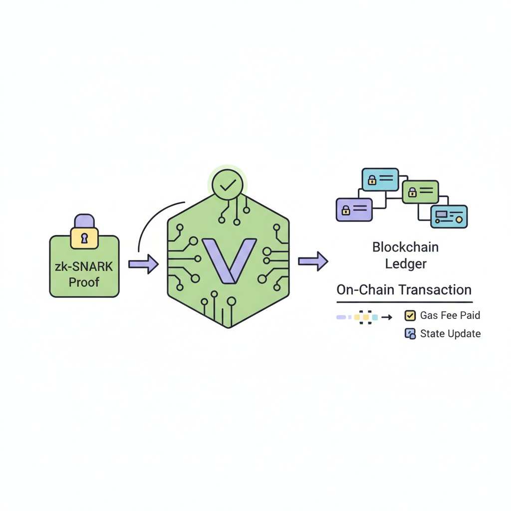 blockchain verifier smart contract checking zk-SNARK proof, green checkmark, on-chain transaction flow