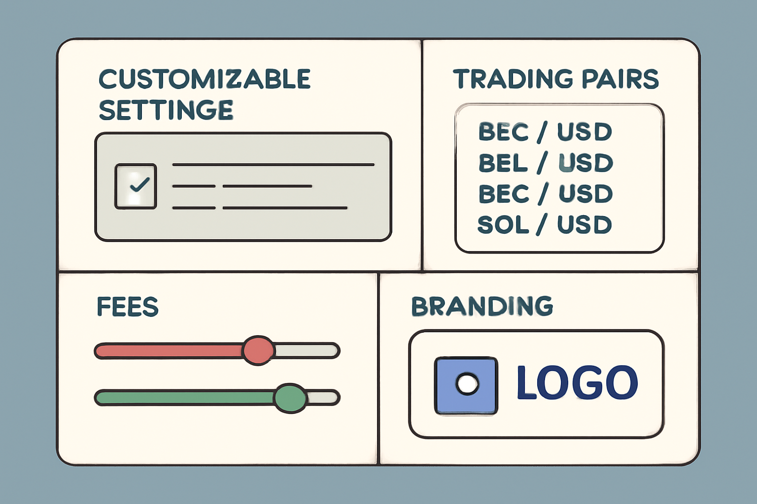 A dashboard with customizable settings, trading pairs list, fee sliders, and branding options.