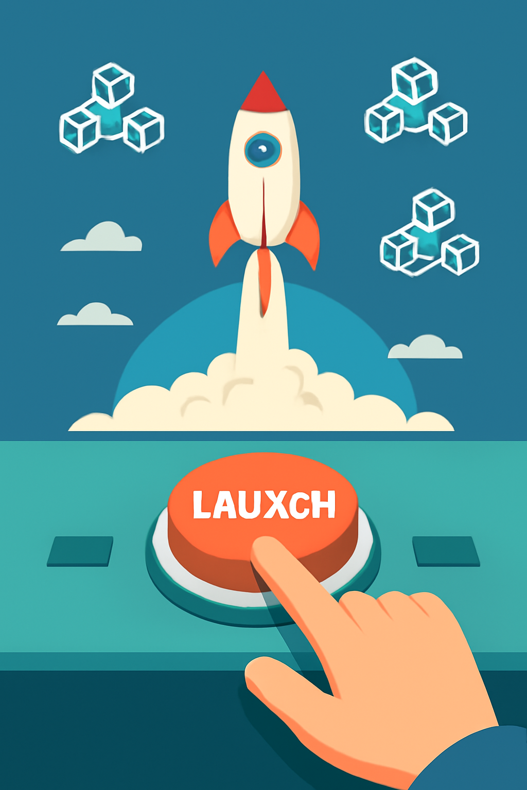 A launch button being pressed on a dashboard, with a rocket taking off and blockchain networks in the background.