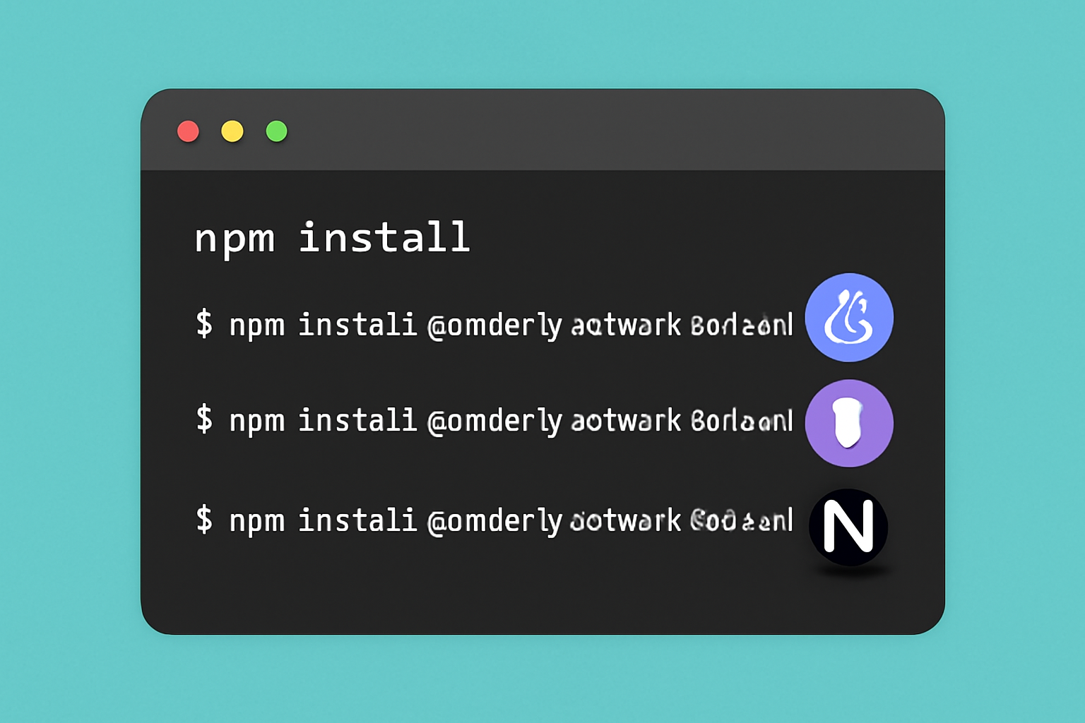 A terminal window showing npm install commands for the Orderly SDK, with code snippets and blockchain icons.