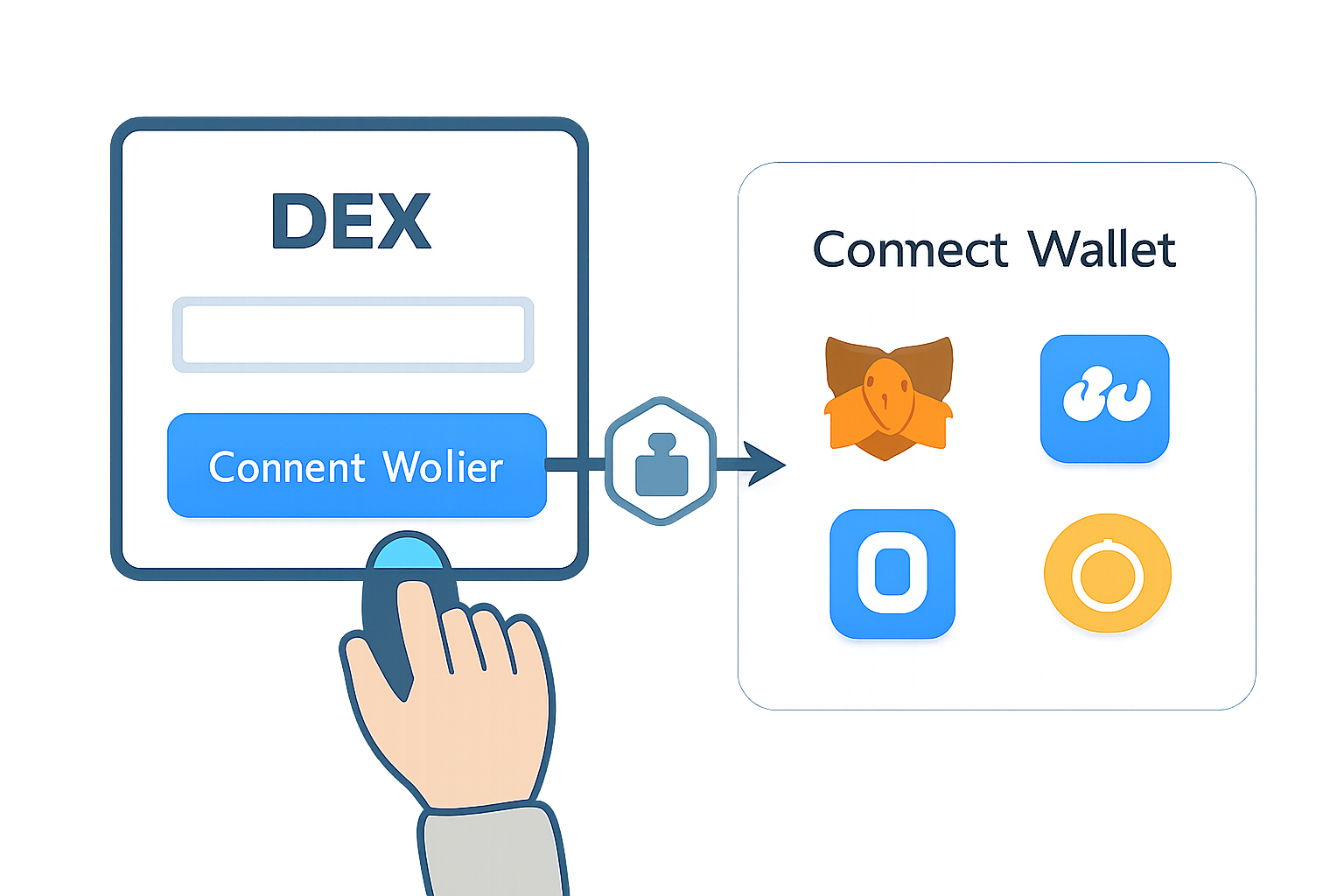 A user connecting a crypto wallet to a DEX interface, with wallet logos and a secure connection symbol.