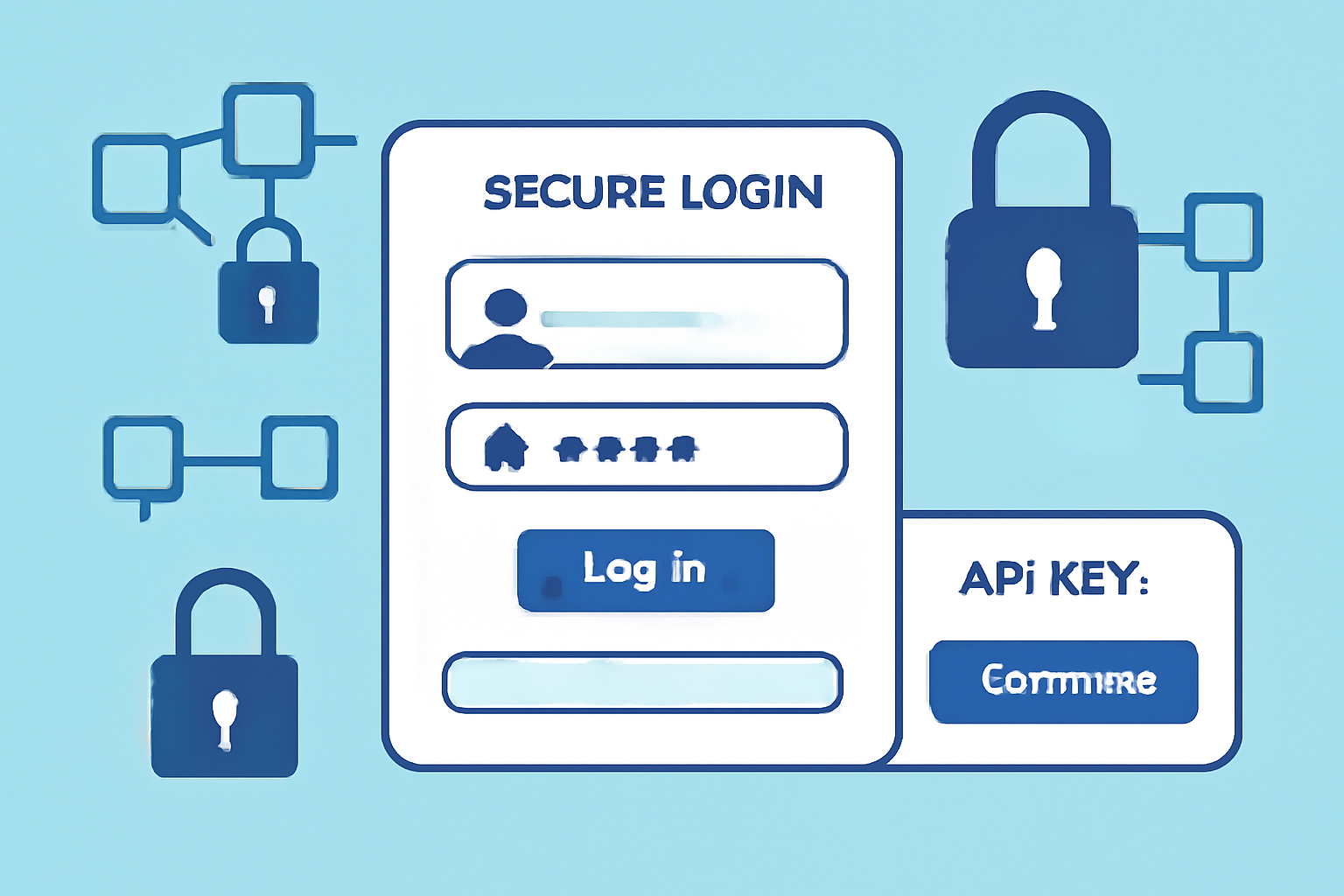 A secure login screen with API key generation, digital locks, and blockchain motifs.