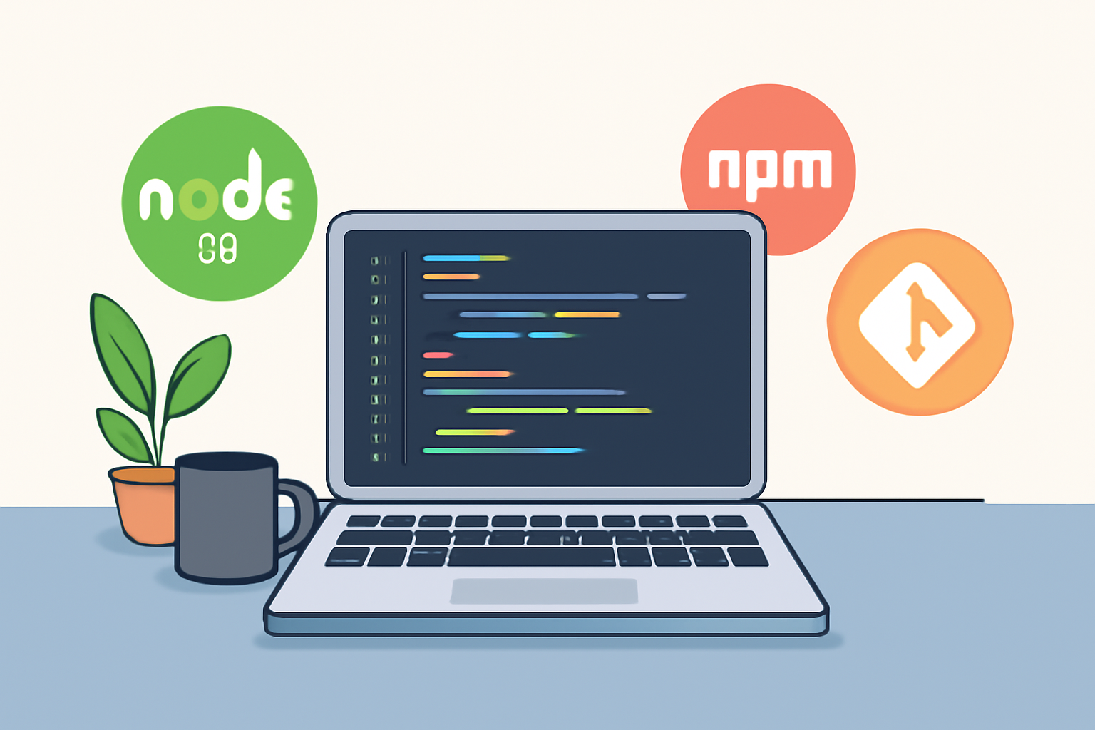 A modern developer workspace with a laptop, code editor open, and icons for Node.js, npm, and Git visible.