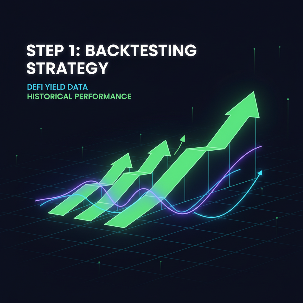 backtested DeFi charts with green upward ramps and historical yield curves, data visualization neon glow