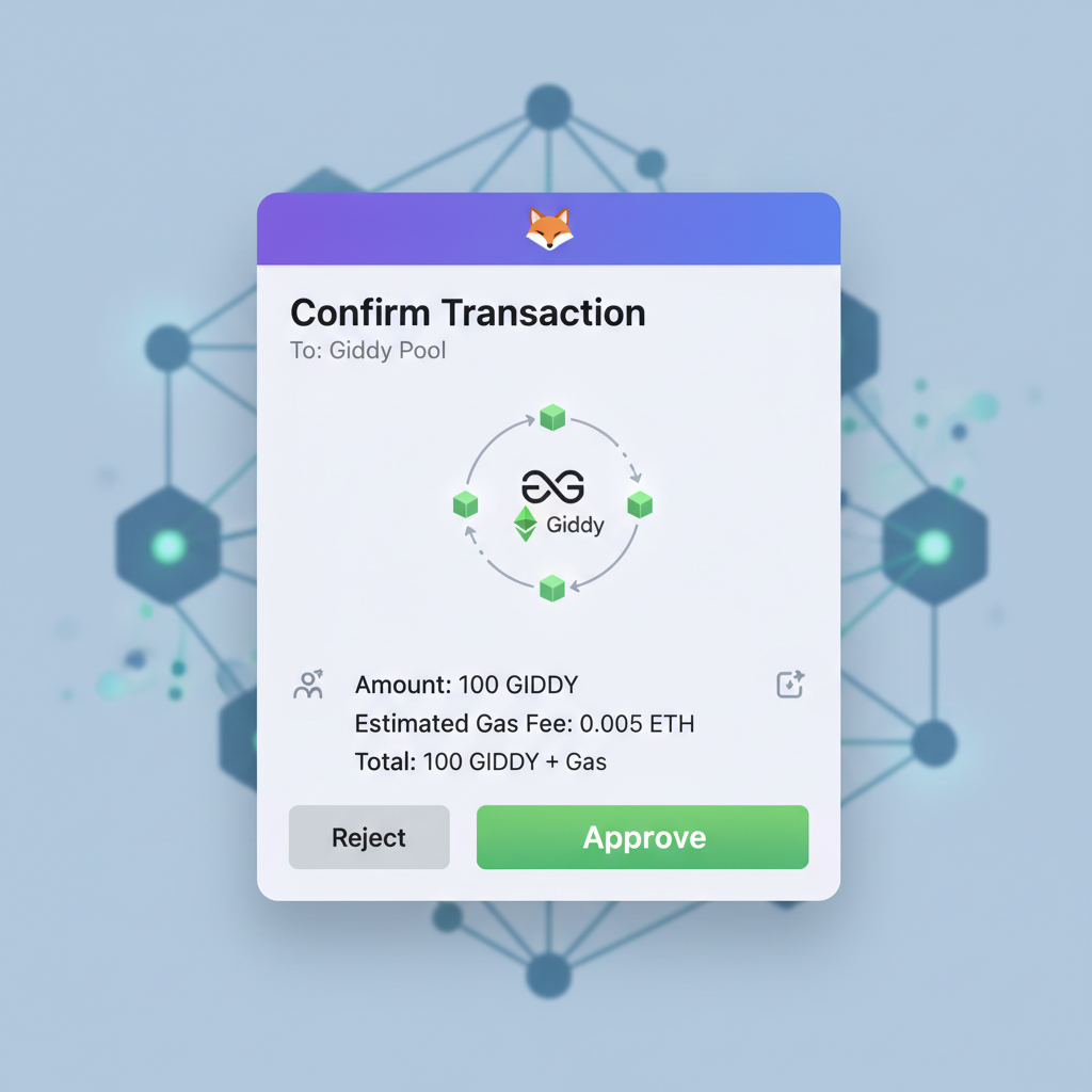 wallet confirmation screen for staking tx, MetaMask popup, Giddy pool deposit, green approve button, blockchain animation