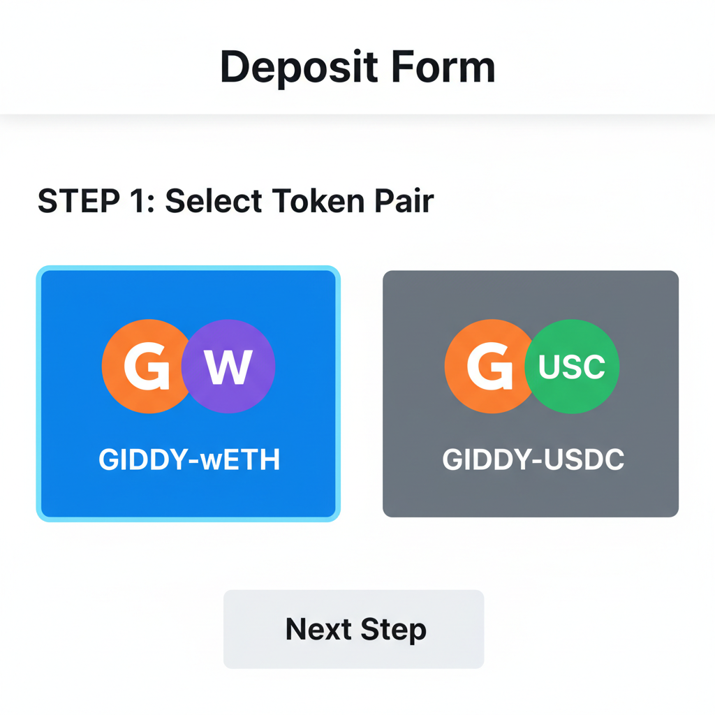 deposit form in Giddy staking interface, sliders for amounts, APY display 60%, token icons GIDDY-wETH, confirmation preview