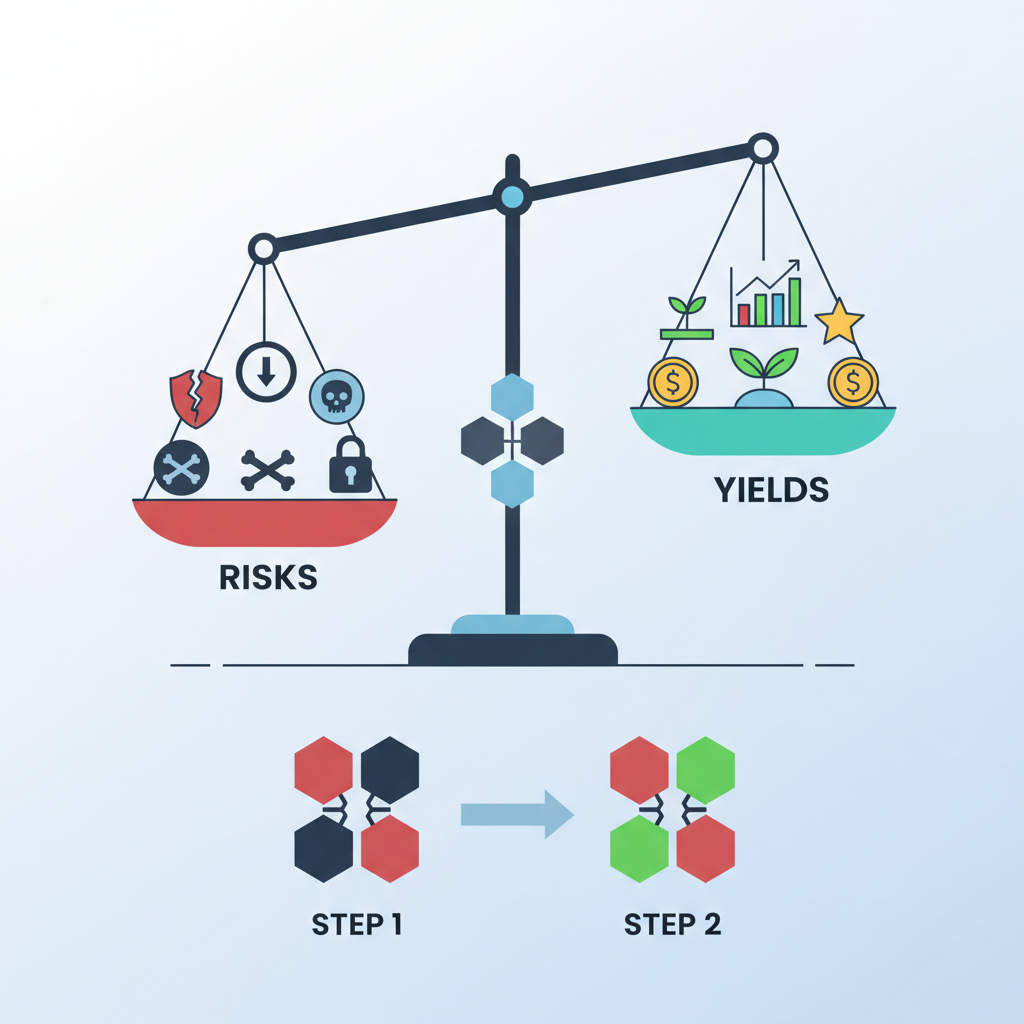 balanced scale weighing DeFi risks vs yields, blockchain icons, professional infographic style