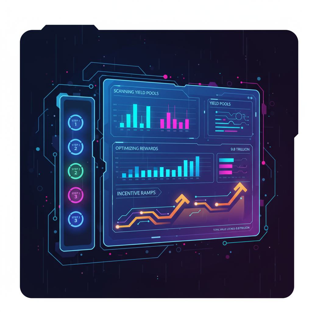futuristic DeFi dashboard scanning yield pools with glowing charts and incentive ramps, cyberpunk style