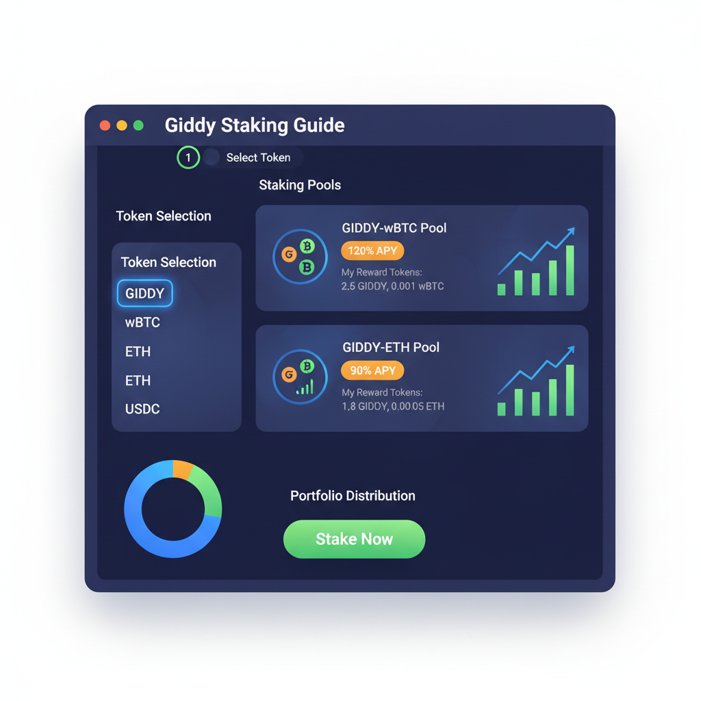 Giddy app dashboard showing token selection for staking, reward tokens and pools like GIDDY-wBTC, vibrant charts, high APY badges